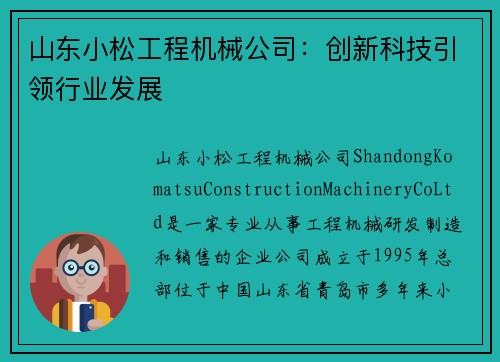 山东小松工程机械公司：创新科技引领行业发展