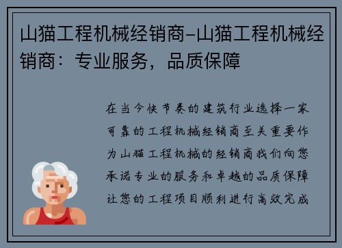 山猫工程机械经销商-山猫工程机械经销商：专业服务，品质保障