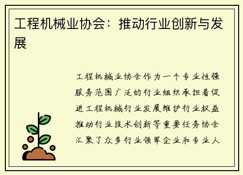 工程机械业协会：推动行业创新与发展